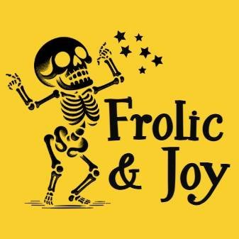 Frolic and Joy dancing skeleton logo