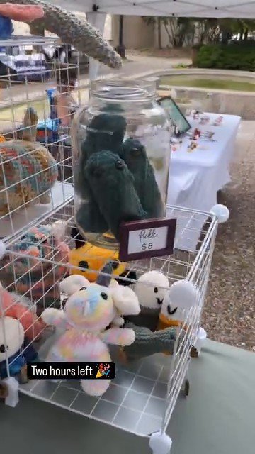 Crocheted creations displayed at the Frolic and Joy booth