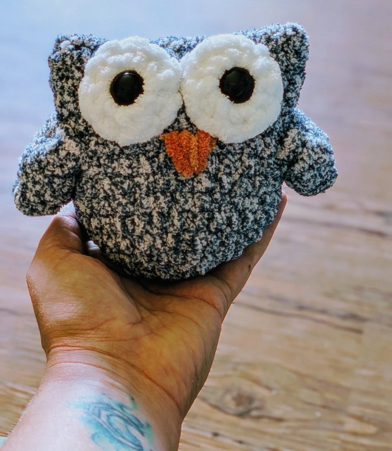 Handmade gray and white crochet owl